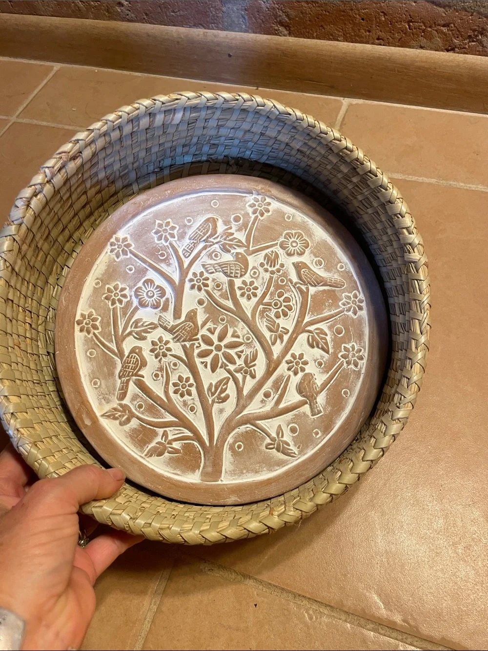 New Decorative Brown Terracotta bread warmer with Natural Woven Basket